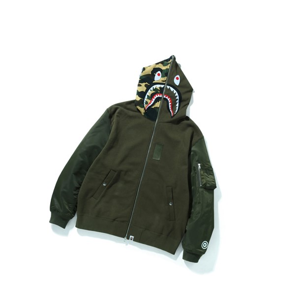 Bluzy Z Kapturem Męskie A BATHING APE Bape Military Shark Relaxed Fit Full Zip Throughs Zielone | FVXK-63085