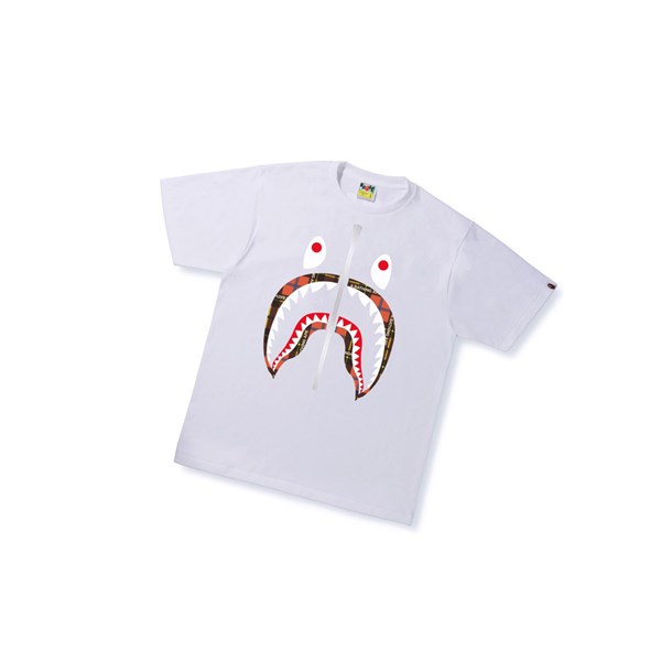 Koszulki Męskie A BATHING APE Bape Logo Check Shark Tee Krótkie Sleeve Białe | ZANY-48075